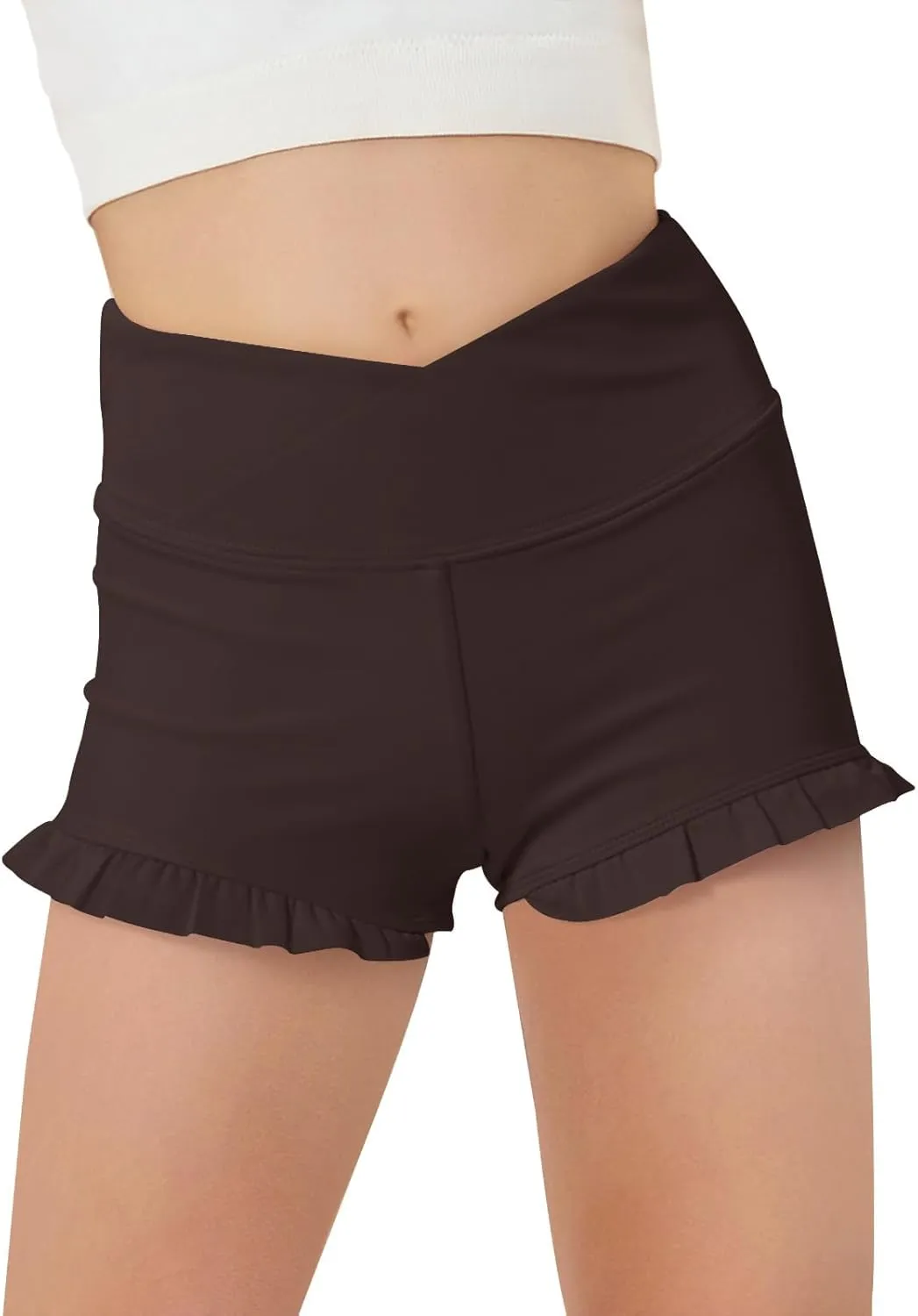 Haloumoning Girls Athletic Ruffle High Waisted Yoga Dance Gymnastics Shorts 5-14Y