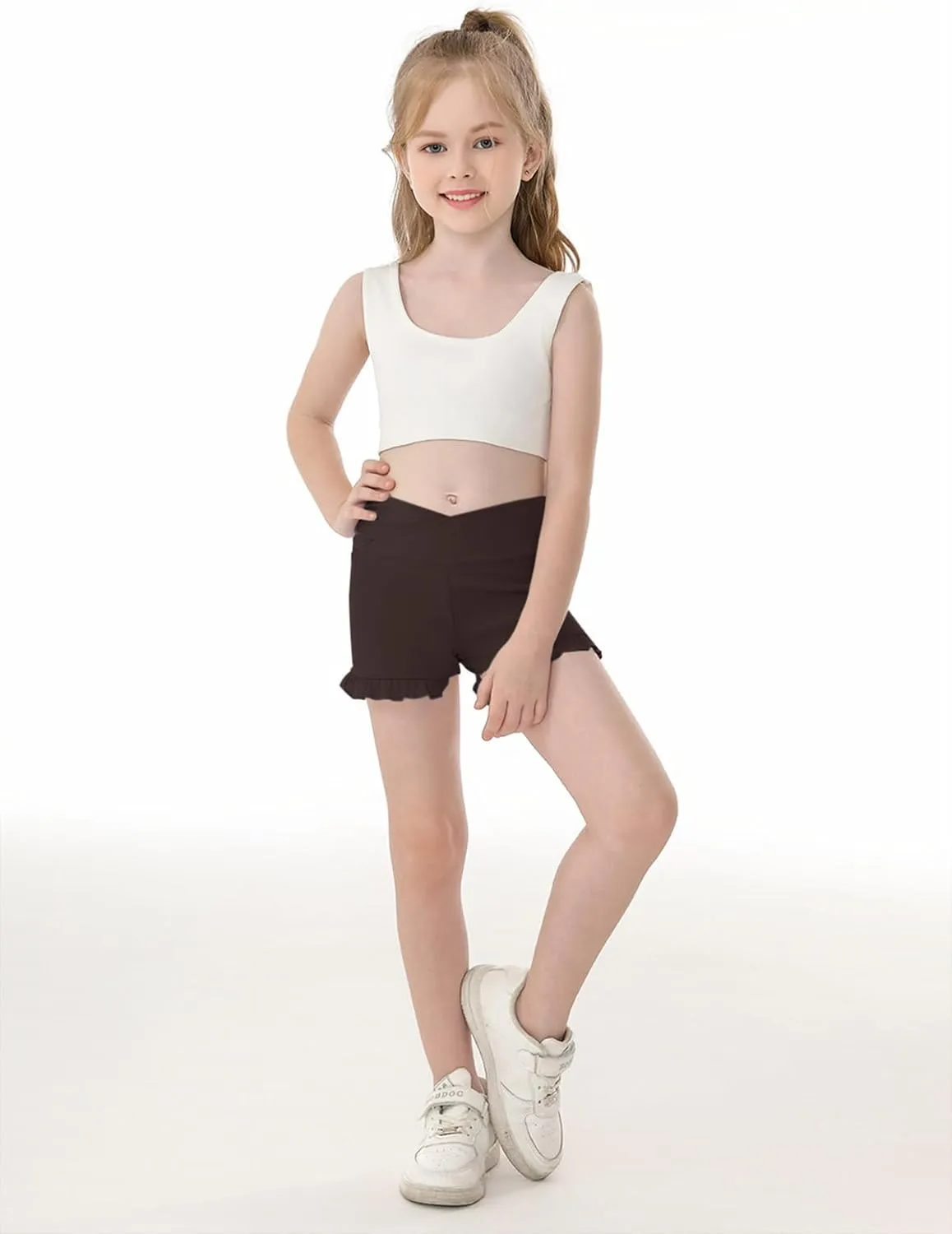 Haloumoning Girls Athletic Ruffle High Waisted Yoga Dance Gymnastics Shorts 5-14Y