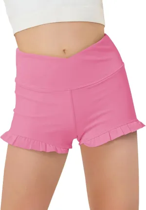 Haloumoning Girls Athletic Ruffle High Waisted Yoga Dance Gymnastics Shorts 5-14Y