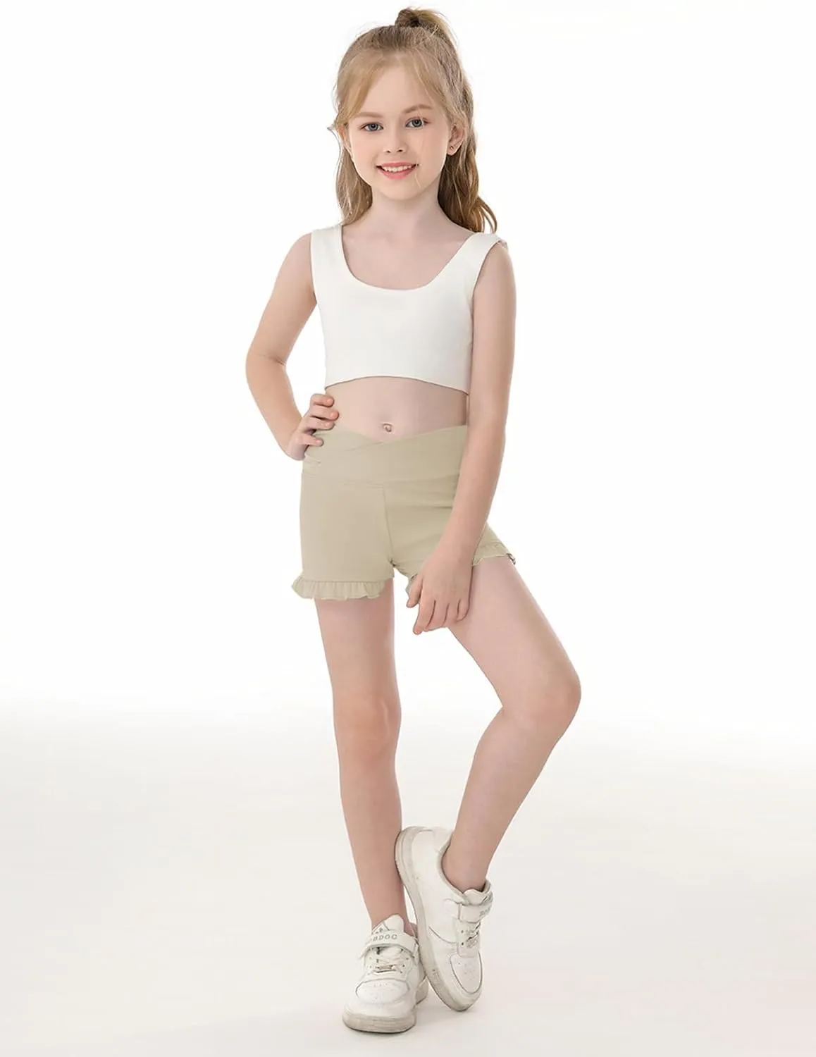 Haloumoning Girls Athletic Ruffle High Waisted Yoga Dance Gymnastics Shorts 5-14Y