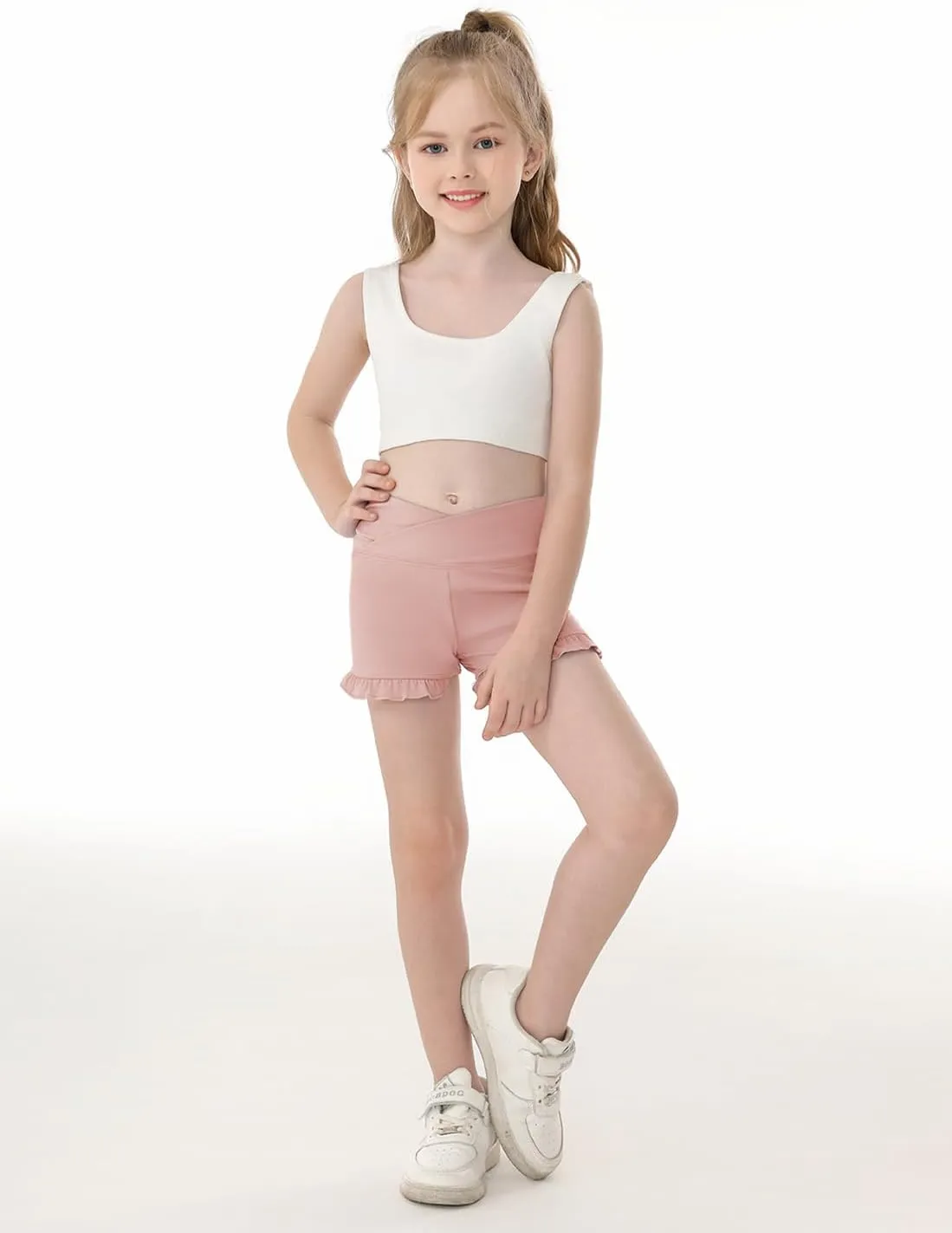 Haloumoning Girls Athletic Ruffle High Waisted Yoga Dance Gymnastics Shorts 5-14Y