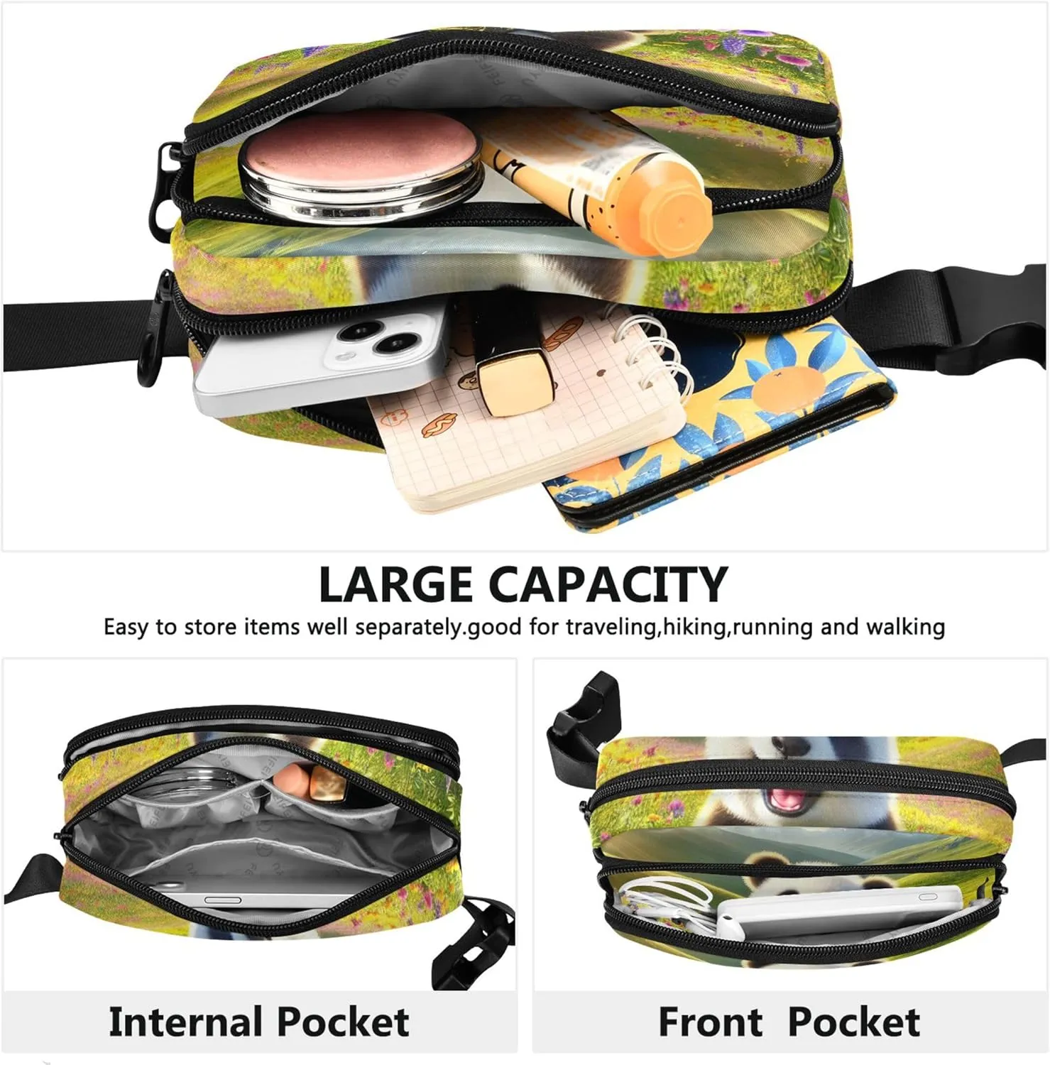 Happy Panda Wildflower Meadow Fanny Packs Women Waterproof Belt Bags Hip Pack Funky Waist Pouch for Women