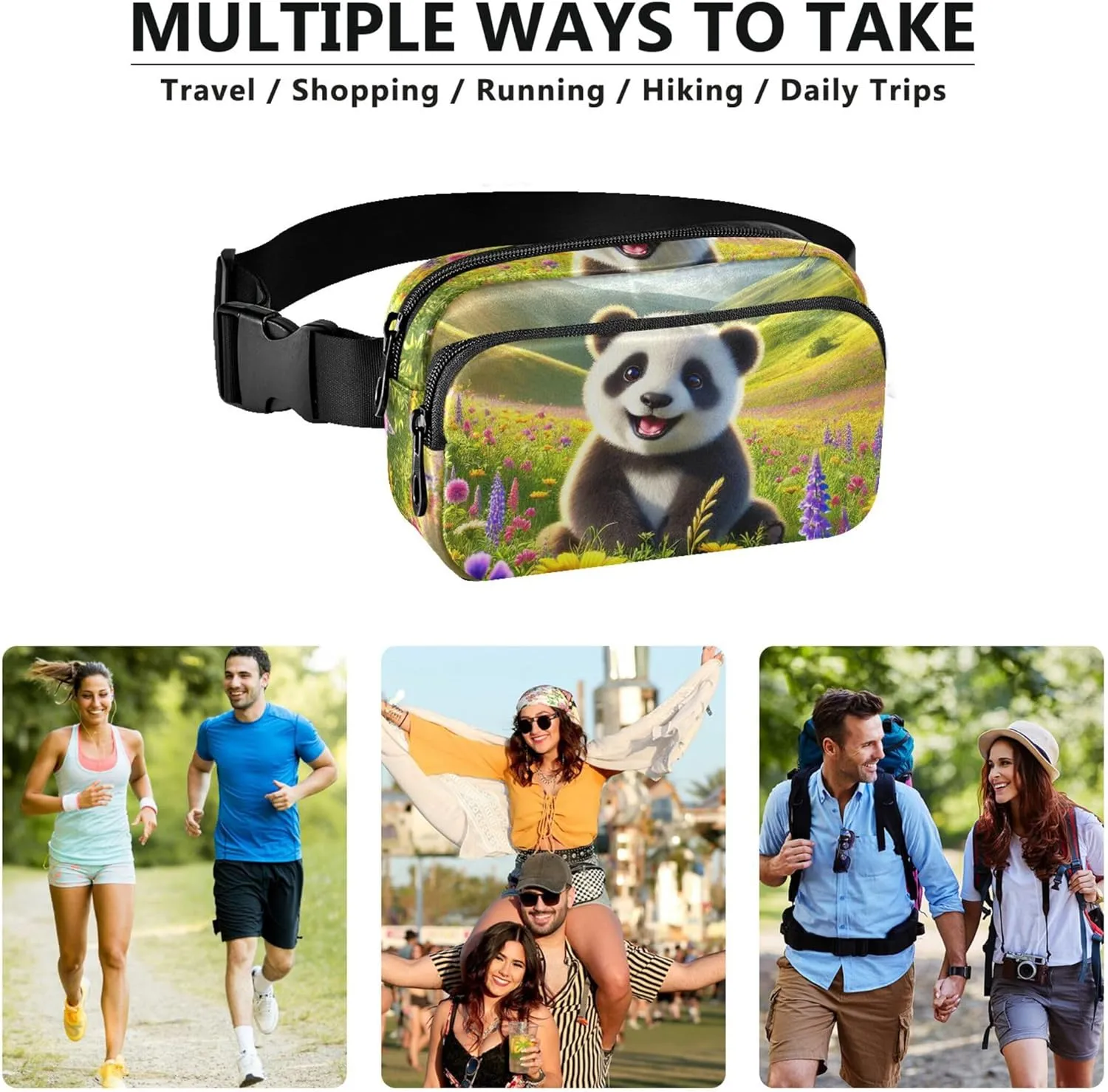 Happy Panda Wildflower Meadow Fanny Packs Women Waterproof Belt Bags Hip Pack Funky Waist Pouch for Women