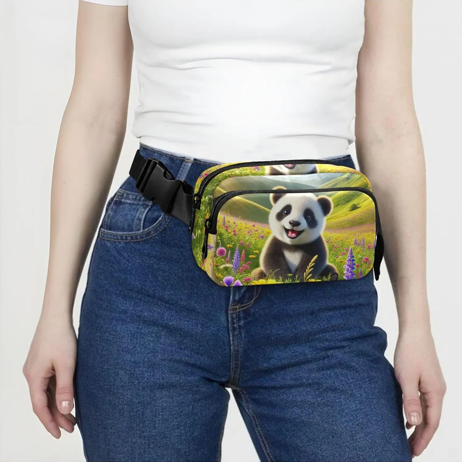 Happy Panda Wildflower Meadow Fanny Packs Women Waterproof Belt Bags Hip Pack Funky Waist Pouch for Women