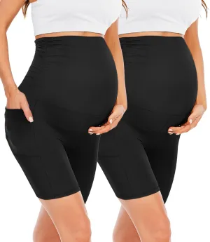 Happy.angel 2 Pack Maternity Shorts Over Belly, Black High Waisted 8" Pregnancy Workout Biker with Pockets