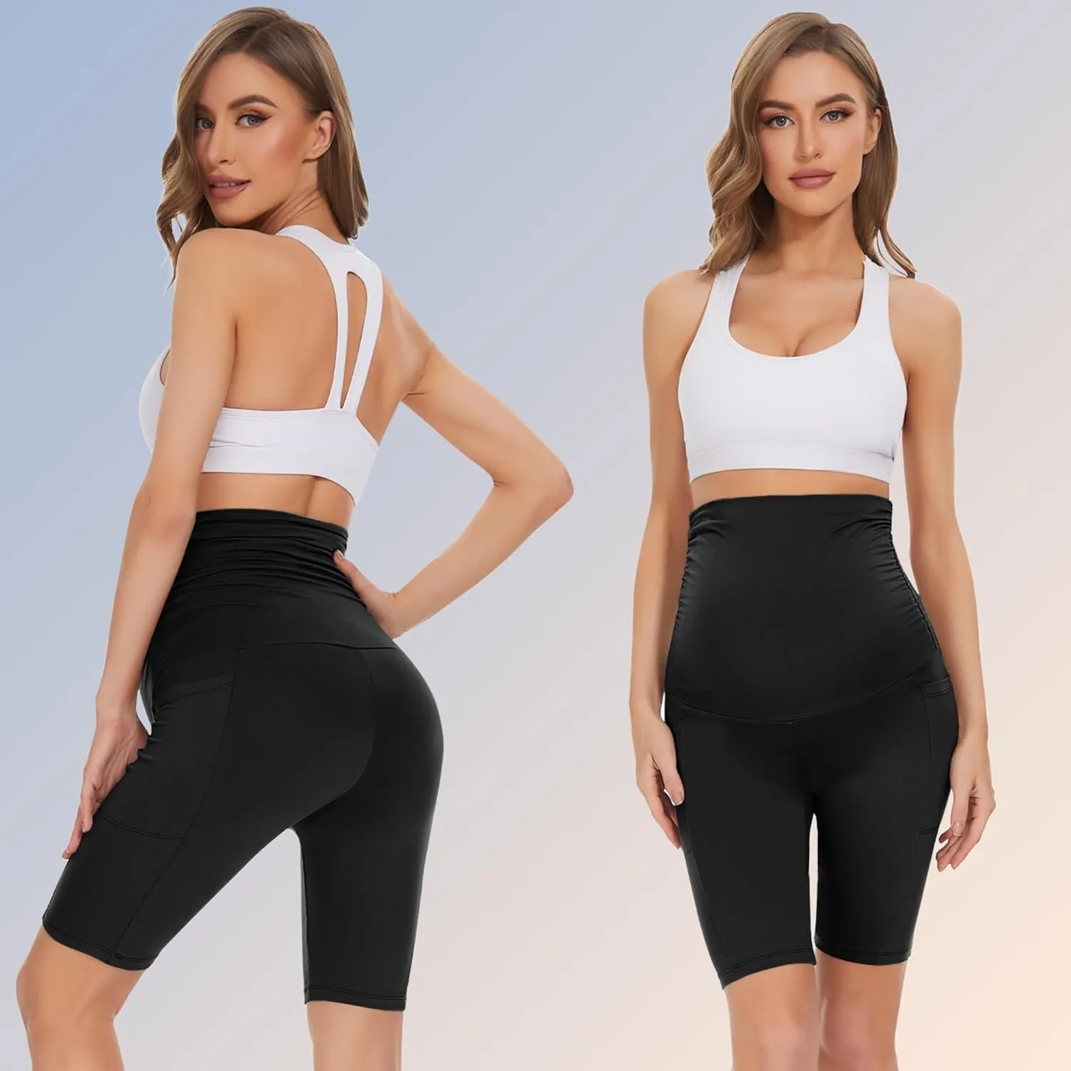 Happy.angel 2 Pack Maternity Shorts Over Belly, Black High Waisted 8" Pregnancy Workout Biker with Pockets