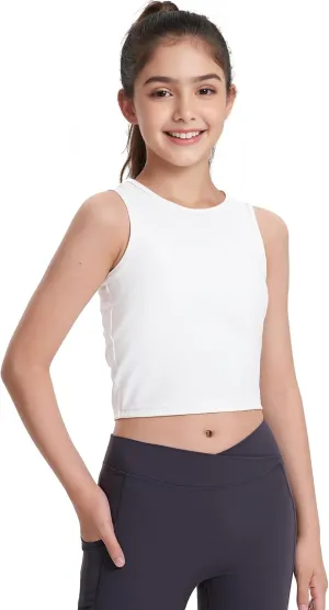 HASMES Girls Athletic Tank Tops Sleeveless Round Neck Basic Cute Dance Crop Tops for Kids 8-14Y