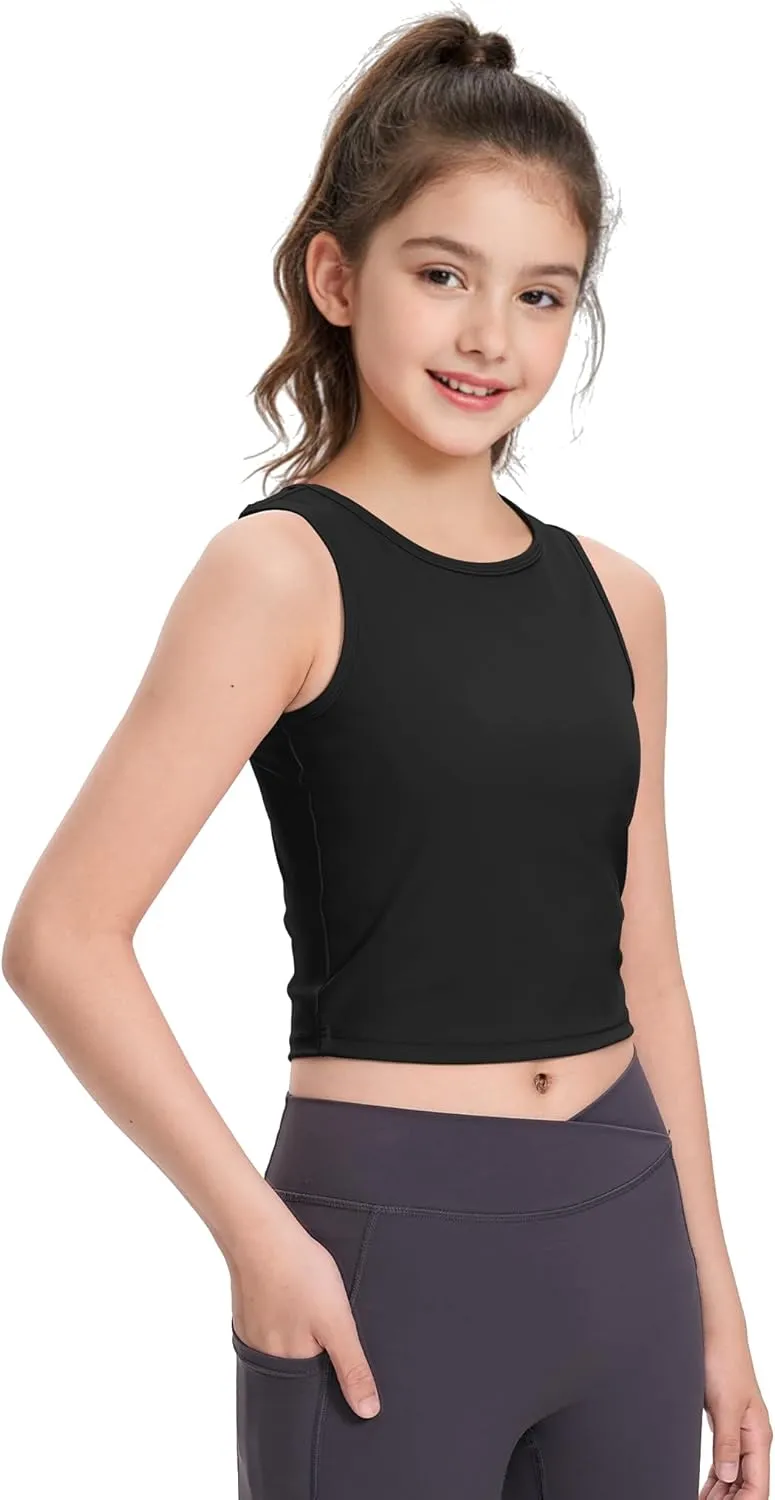 HASMES Girls Athletic Tank Tops Sleeveless Round Neck Basic Cute Dance Crop Tops for Kids 8-14Y
