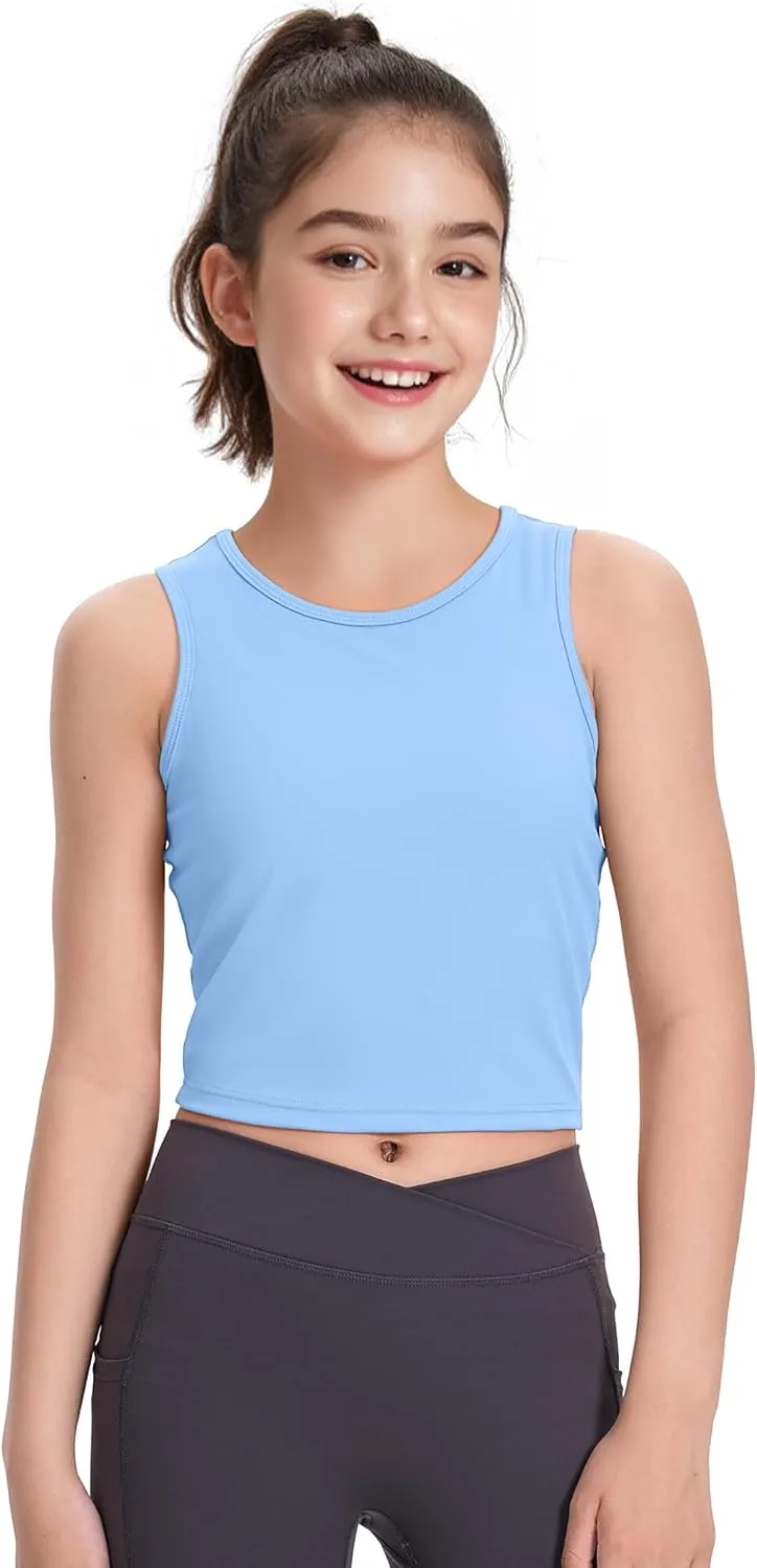 HASMES Girls Athletic Tank Tops Sleeveless Round Neck Basic Cute Dance Crop Tops for Kids 8-14Y