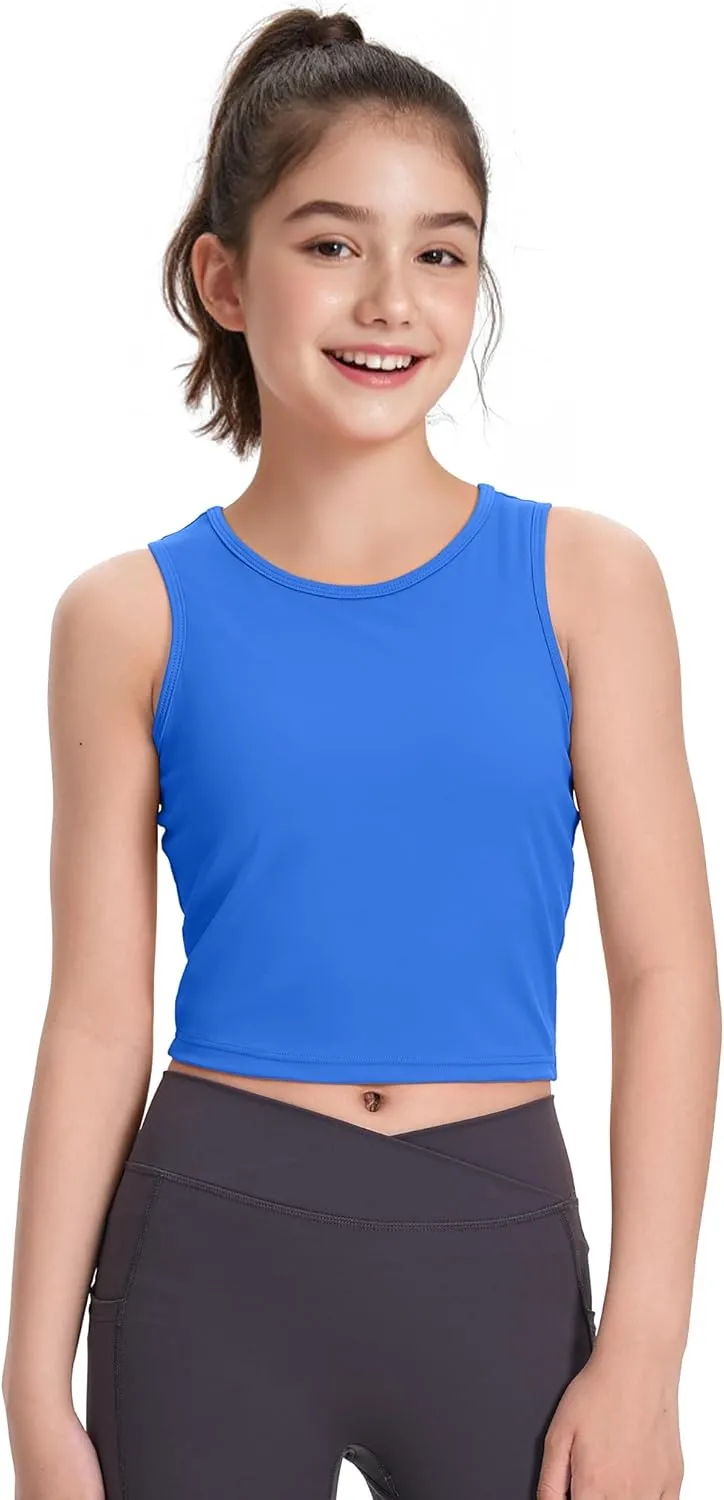 HASMES Girls Athletic Tank Tops Sleeveless Round Neck Basic Cute Dance Crop Tops for Kids 8-14Y