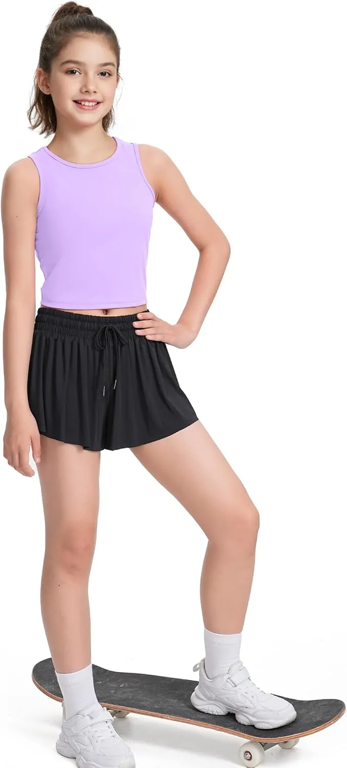 HASMES Girls Athletic Tank Tops Sleeveless Round Neck Basic Cute Dance Crop Tops for Kids 8-14Y