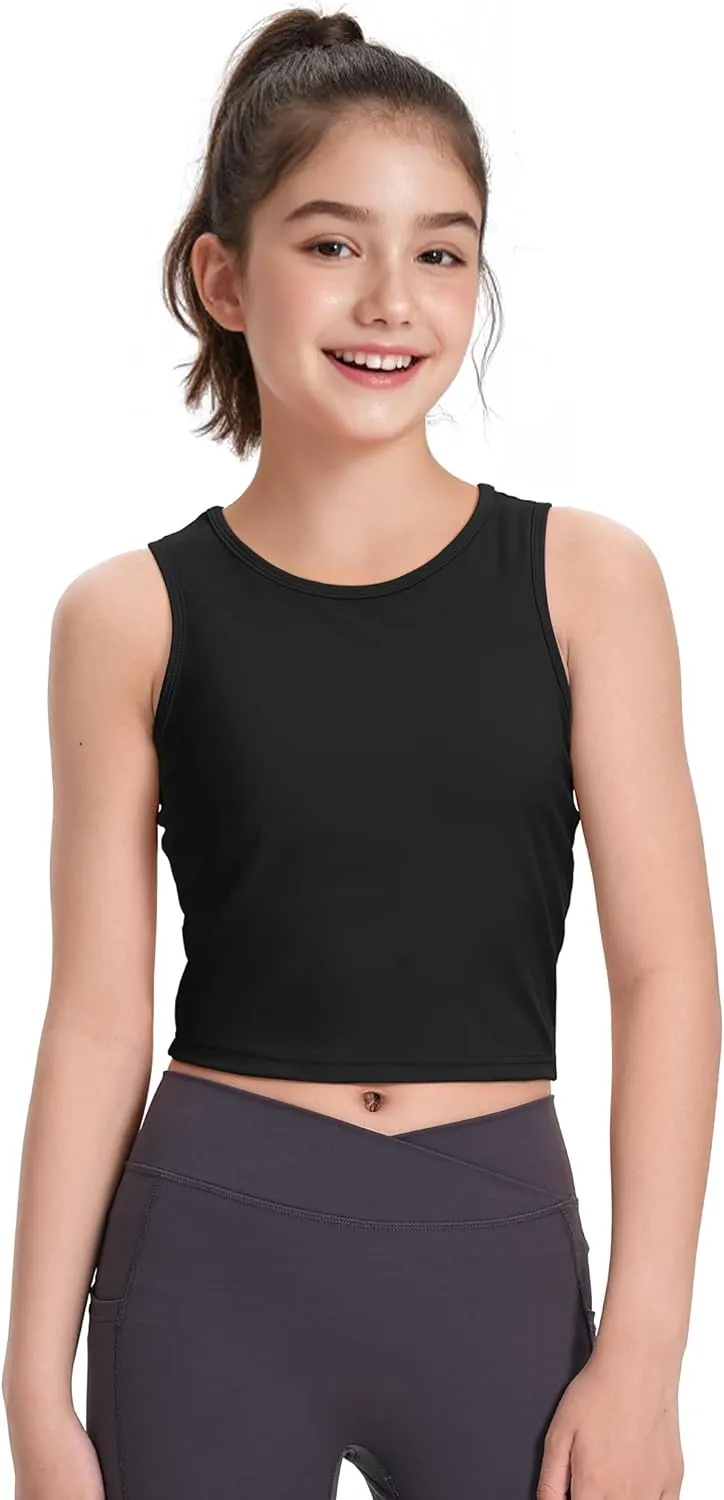 HASMES Girls Athletic Tank Tops Sleeveless Round Neck Basic Cute Dance Crop Tops for Kids 8-14Y