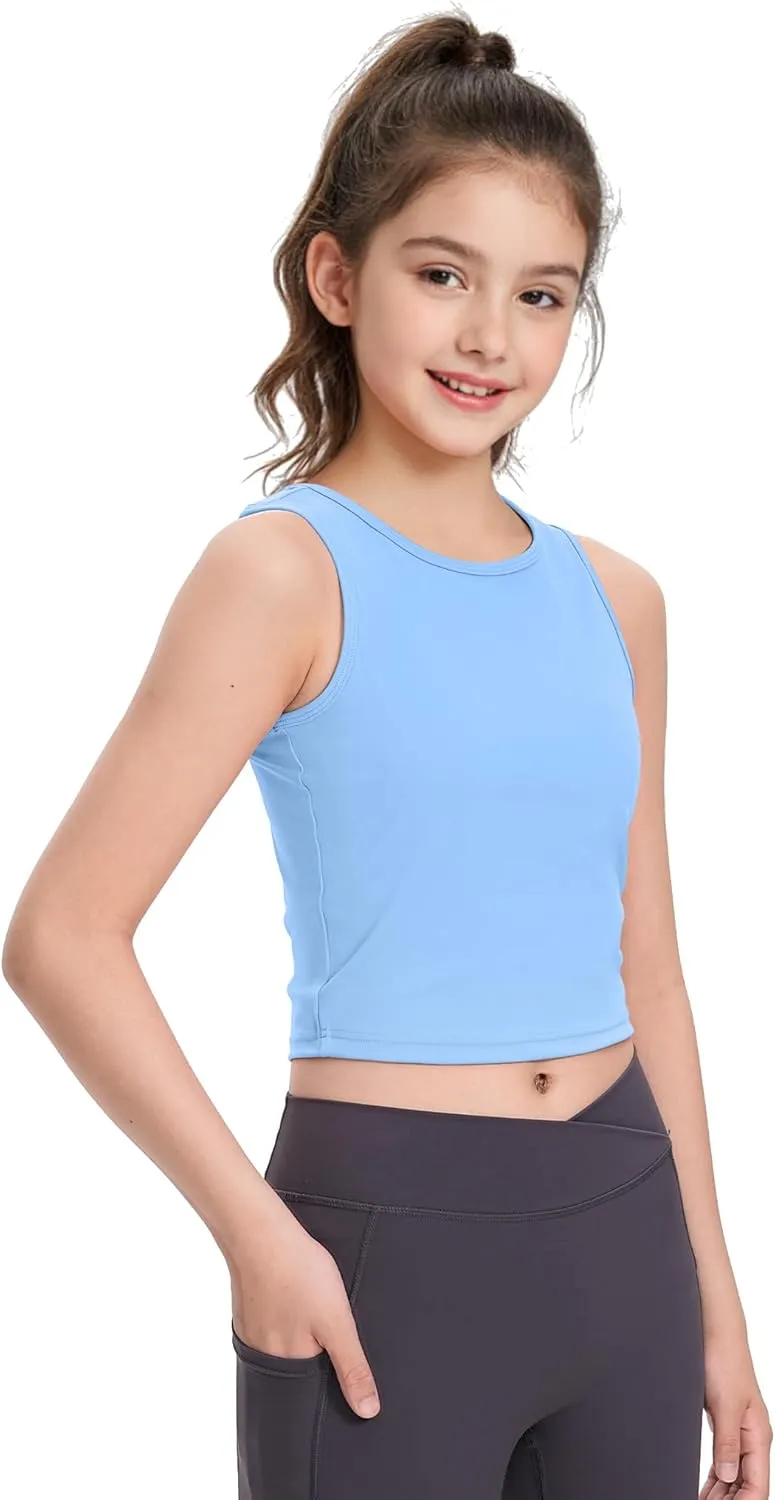 HASMES Girls Athletic Tank Tops Sleeveless Round Neck Basic Cute Dance Crop Tops for Kids 8-14Y
