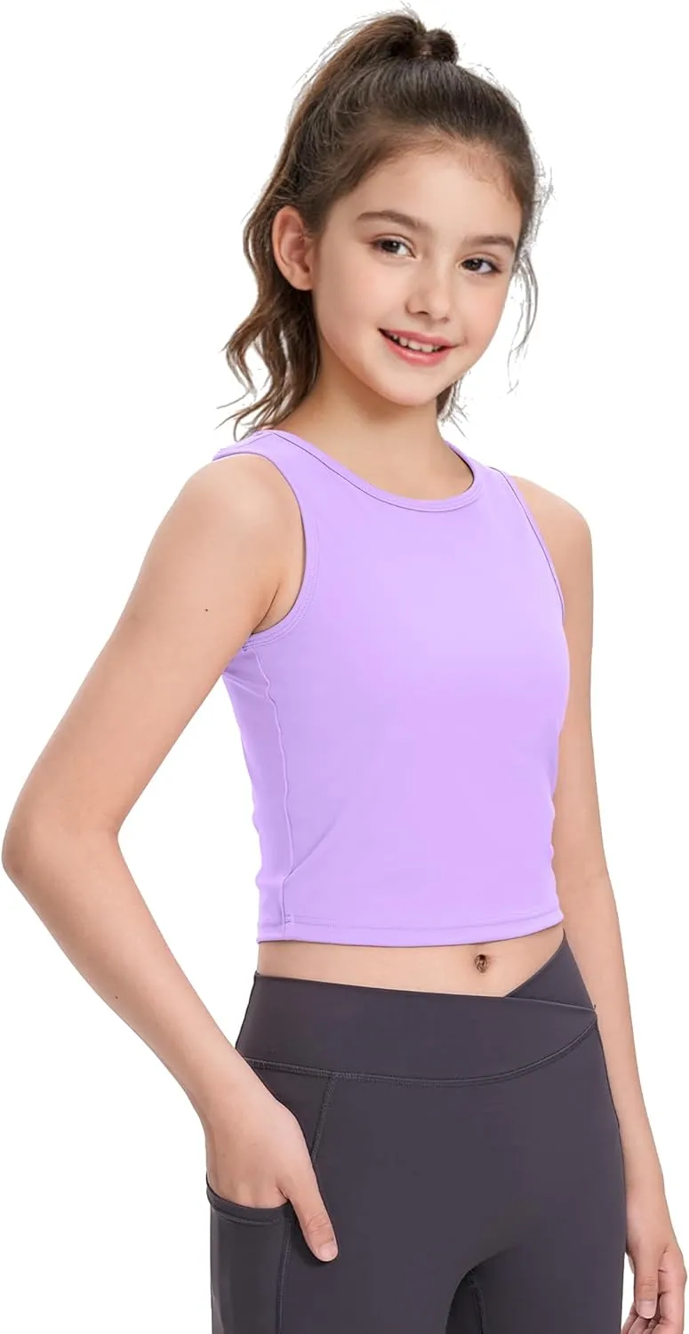 HASMES Girls Athletic Tank Tops Sleeveless Round Neck Basic Cute Dance Crop Tops for Kids 8-14Y