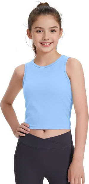 HASMES Girls Athletic Tank Tops Sleeveless Round Neck Basic Cute Dance Crop Tops for Kids 8-14Y