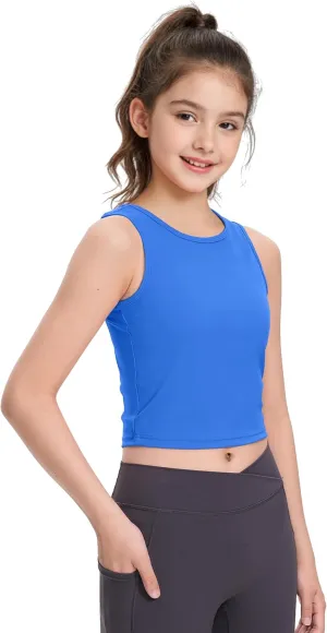 HASMES Girls Athletic Tank Tops Sleeveless Round Neck Basic Cute Dance Crop Tops for Kids 8-14Y