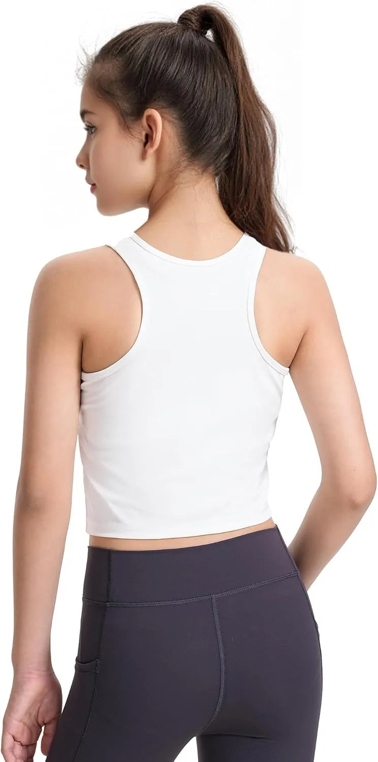 HASMES Girls Athletic Tank Tops Sleeveless Round Neck Basic Cute Dance Crop Tops for Kids 8-14Y