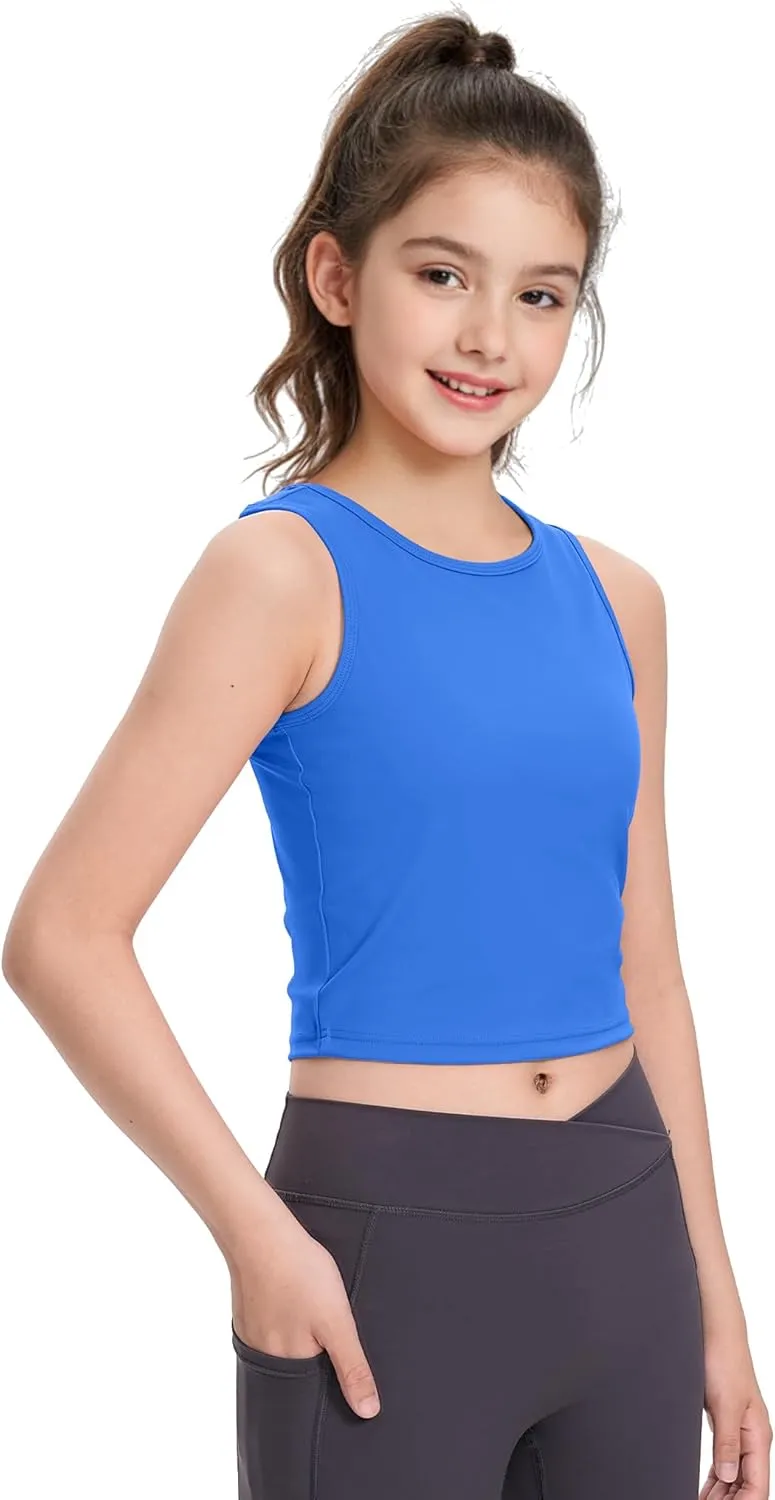 HASMES Girls Athletic Tank Tops Sleeveless Round Neck Basic Cute Dance Crop Tops for Kids 8-14Y