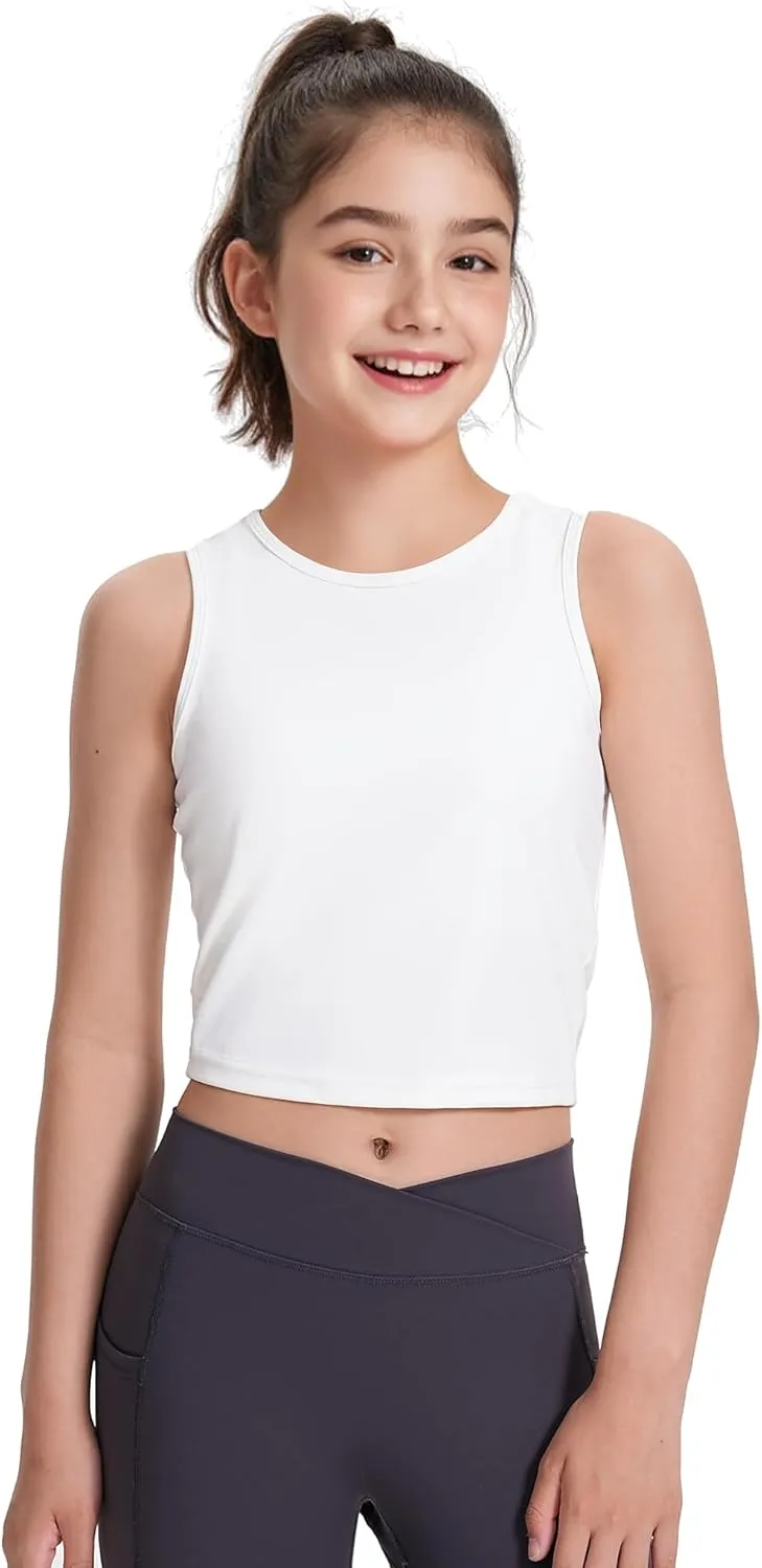 HASMES Girls Athletic Tank Tops Sleeveless Round Neck Basic Cute Dance Crop Tops for Kids 8-14Y