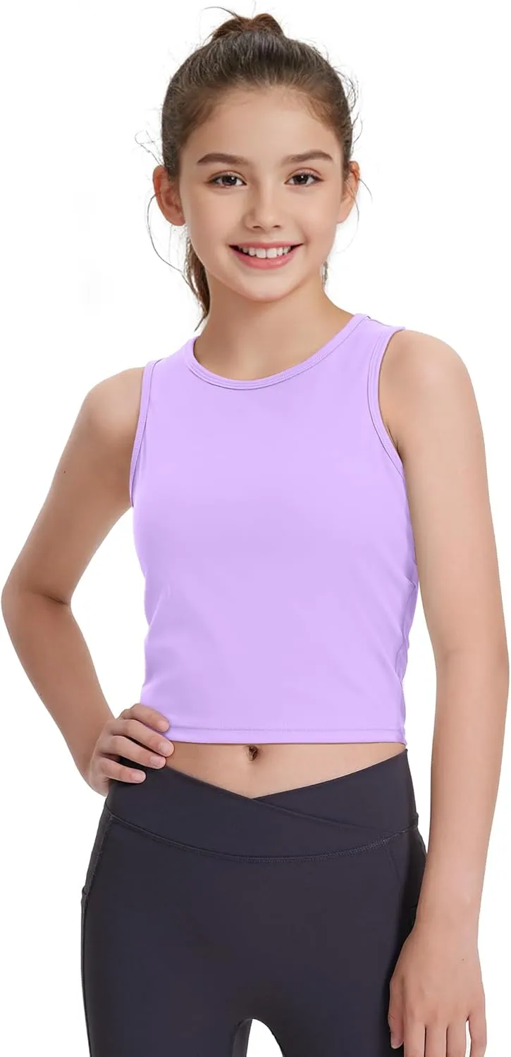 HASMES Girls Athletic Tank Tops Sleeveless Round Neck Basic Cute Dance Crop Tops for Kids 8-14Y