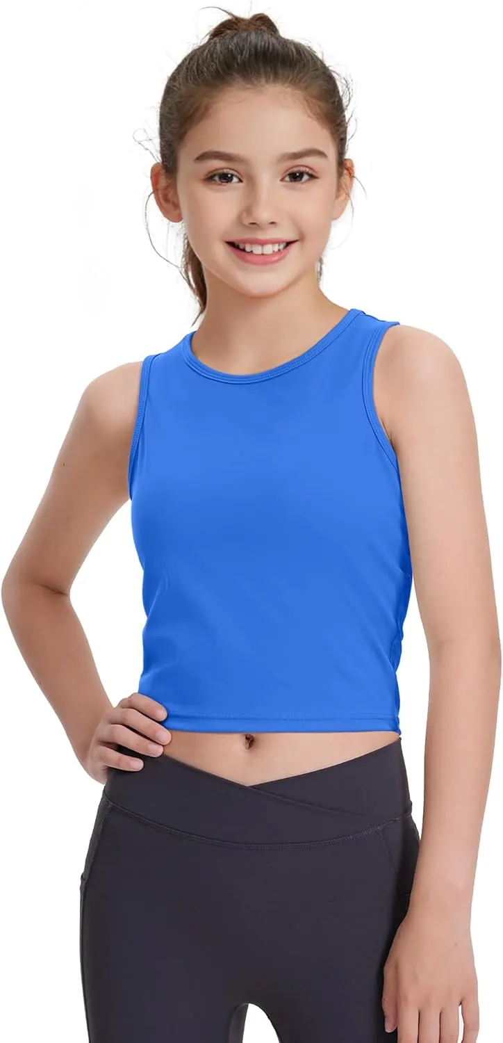HASMES Girls Athletic Tank Tops Sleeveless Round Neck Basic Cute Dance Crop Tops for Kids 8-14Y
