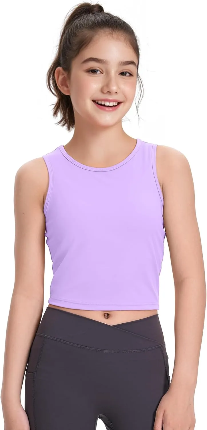 HASMES Girls Athletic Tank Tops Sleeveless Round Neck Basic Cute Dance Crop Tops for Kids 8-14Y