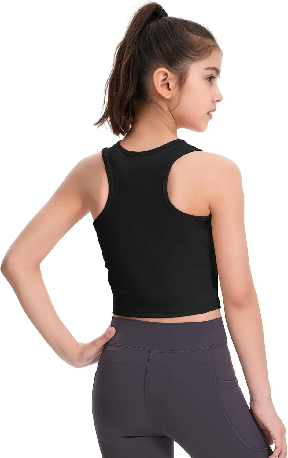 HASMES Girls Athletic Tank Tops Sleeveless Round Neck Basic Cute Dance Crop Tops for Kids 8-14Y