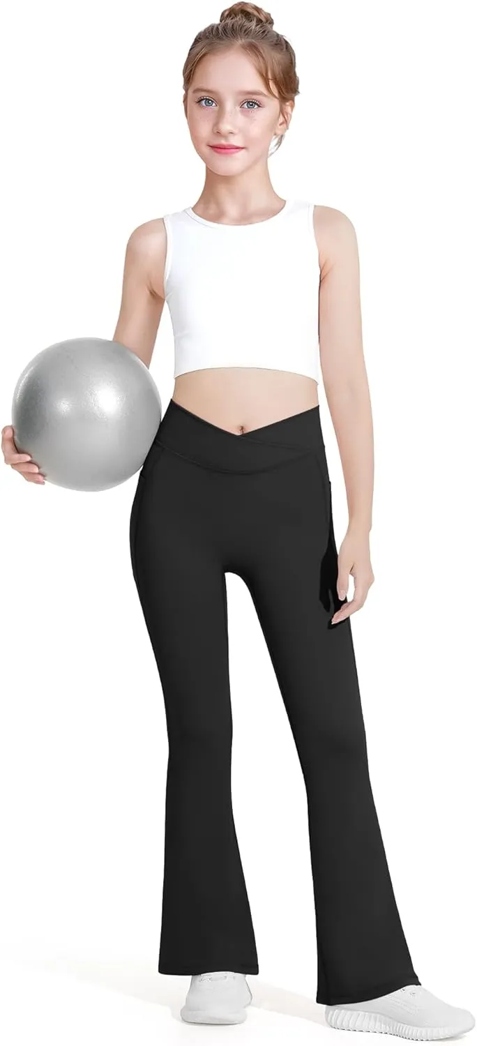 HASMES Girls Flare Leggings with Pockets Kids Bell Bottom High Waisted Flare Yoga Pants for Dance Activewear