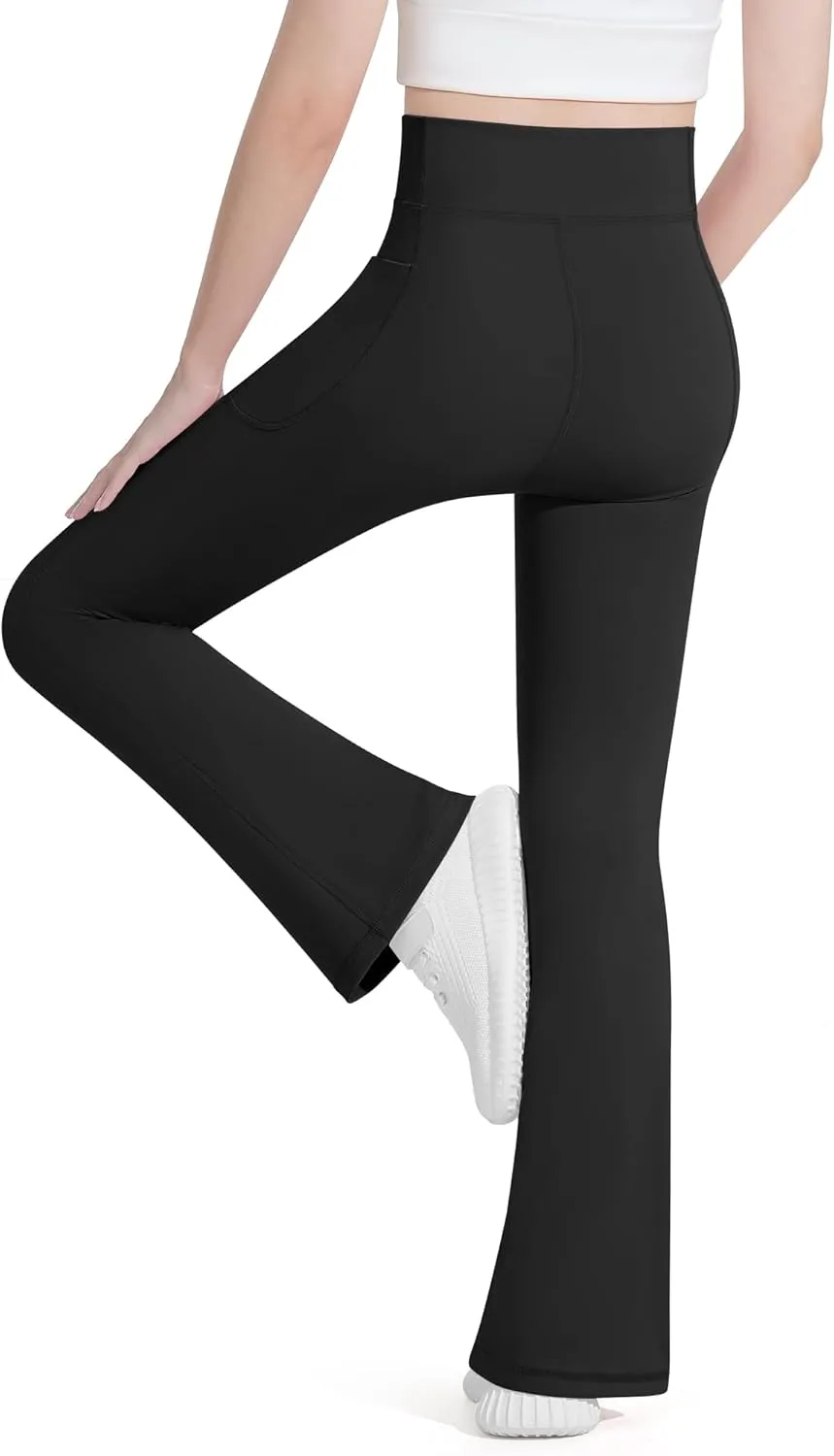 HASMES Girls Flare Leggings with Pockets Kids Bell Bottom High Waisted Flare Yoga Pants for Dance Activewear
