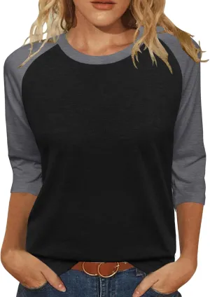 Heymiss Womens Tops 3/4 Sleeve Shirts Round Neck Loose Casual Tshirts Color Block Summer Tees