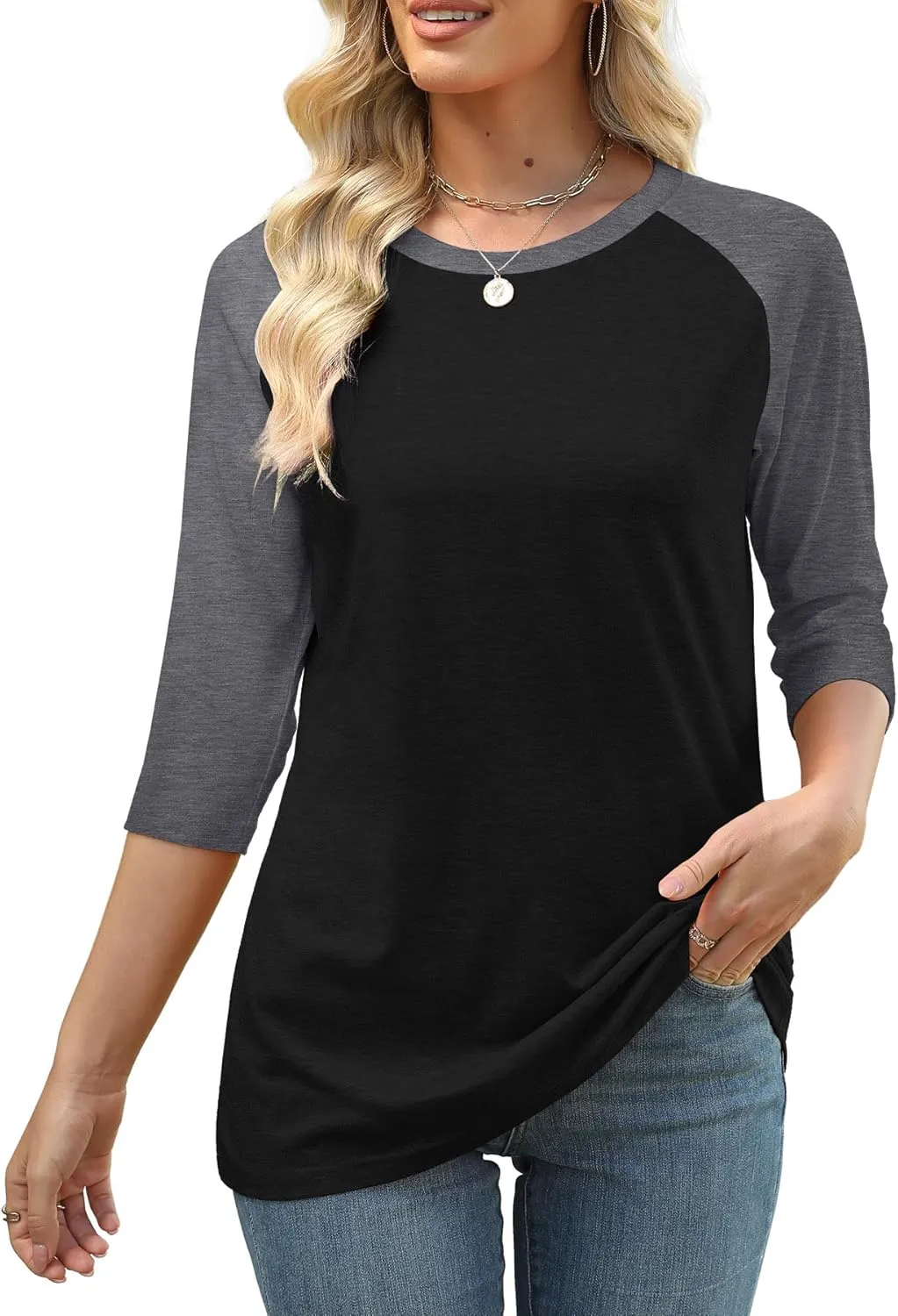 Heymiss Womens Tops 3/4 Sleeve Shirts Round Neck Loose Casual Tshirts Color Block Summer Tees