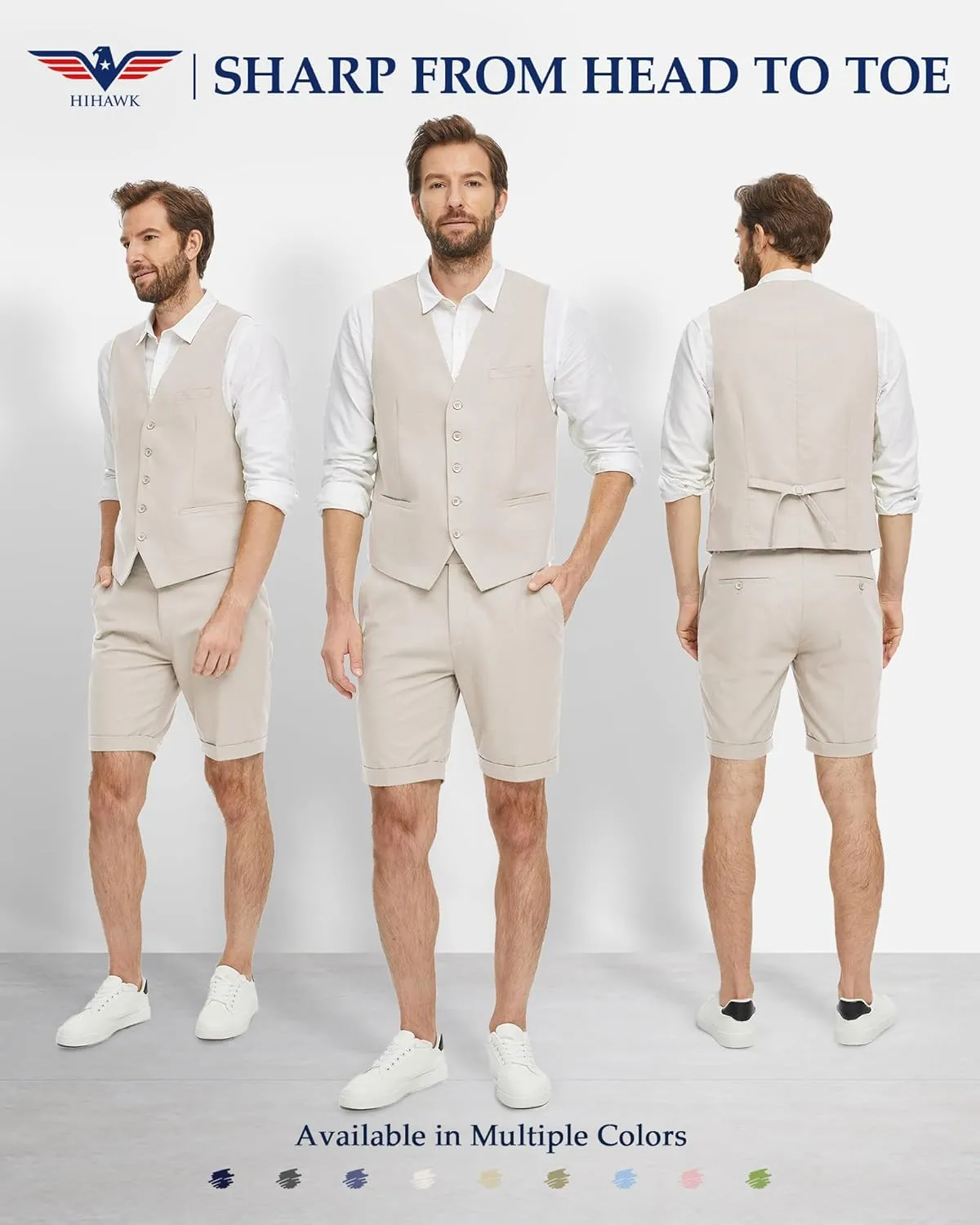 Hihawk Mens 2-Piece Linen Vest Pants, Lightweight Waistcoat Shorts, Casual Wedding Beach Summer Prom Homecoming Outfit