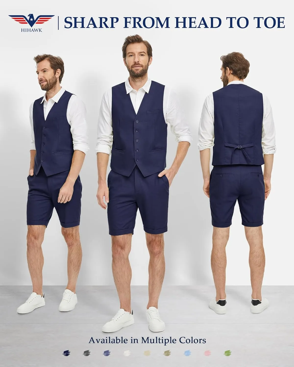 Hihawk Mens 2-Piece Linen Vest Pants, Lightweight Waistcoat Shorts, Casual Wedding Beach Summer Prom Homecoming Outfit