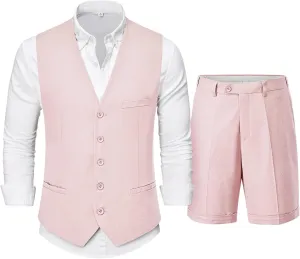 Hihawk Mens 2-Piece Linen Vest Pants, Lightweight Waistcoat Shorts, Casual Wedding Beach Summer Prom Homecoming Outfit