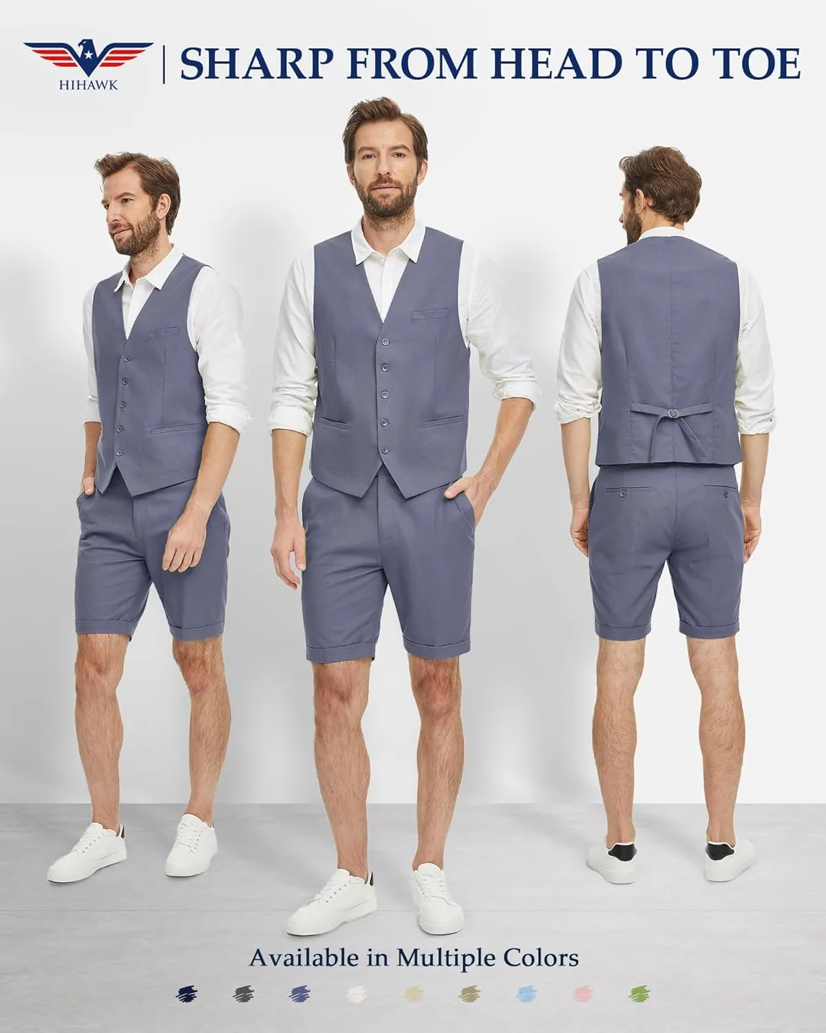 Hihawk Mens 2-Piece Linen Vest Pants, Lightweight Waistcoat Shorts, Casual Wedding Beach Summer Prom Homecoming Outfit
