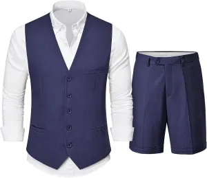 Hihawk Mens 2-Piece Linen Vest Pants, Lightweight Waistcoat Shorts, Casual Wedding Beach Summer Prom Homecoming Outfit
