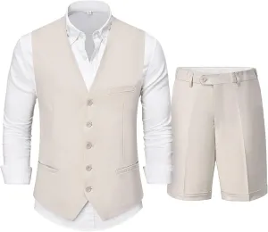 Hihawk Mens 2-Piece Linen Vest Pants, Lightweight Waistcoat Shorts, Casual Wedding Beach Summer Prom Homecoming Outfit
