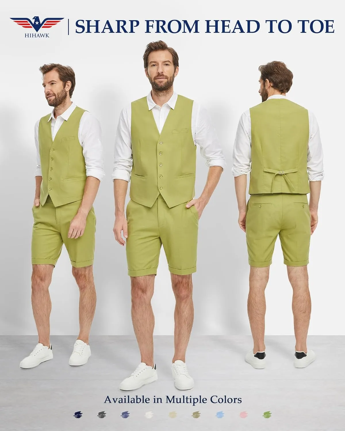 Hihawk Mens 2-Piece Linen Vest Pants, Lightweight Waistcoat Shorts, Casual Wedding Beach Summer Prom Homecoming Outfit