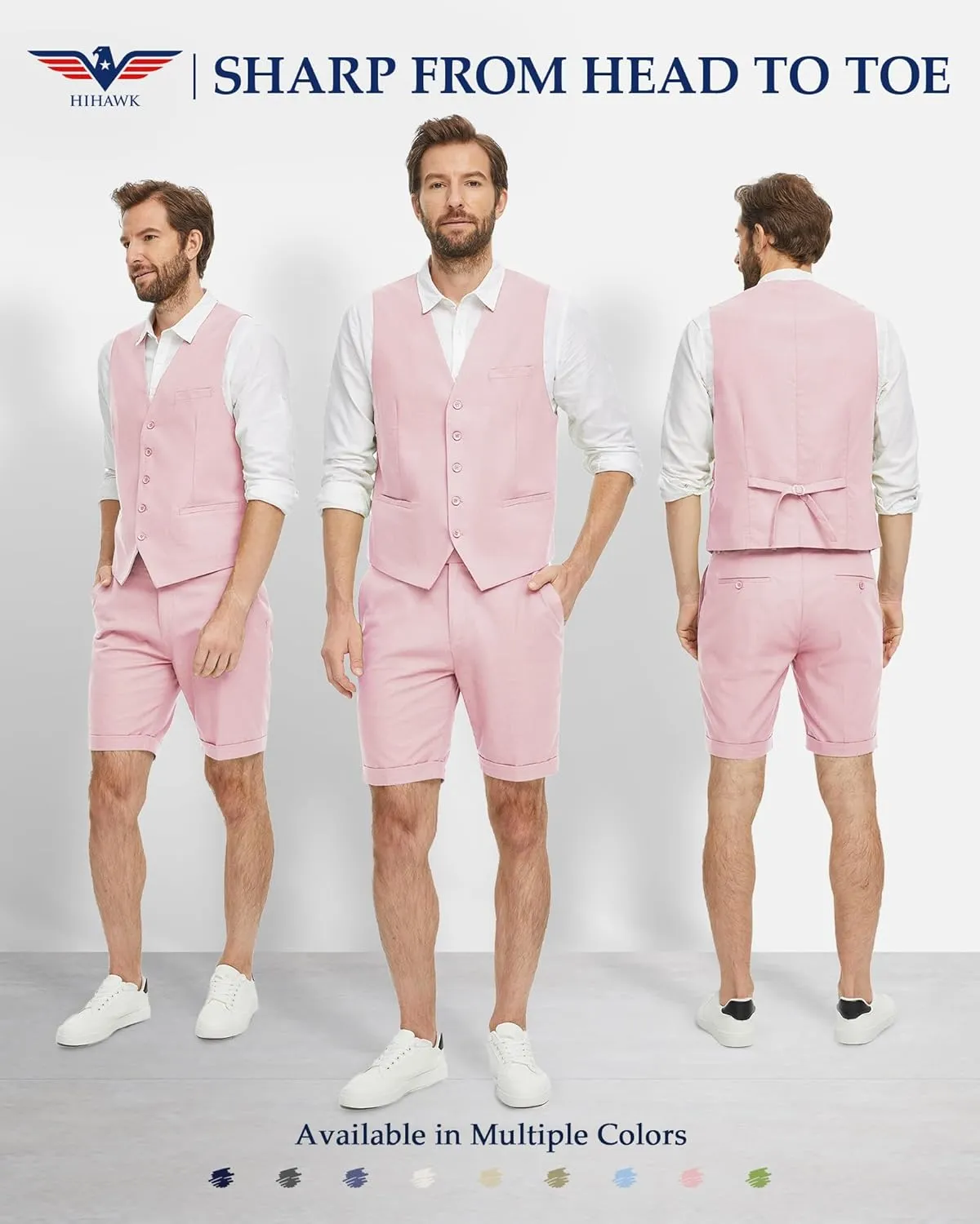Hihawk Mens 2-Piece Linen Vest Pants, Lightweight Waistcoat Shorts, Casual Wedding Beach Summer Prom Homecoming Outfit