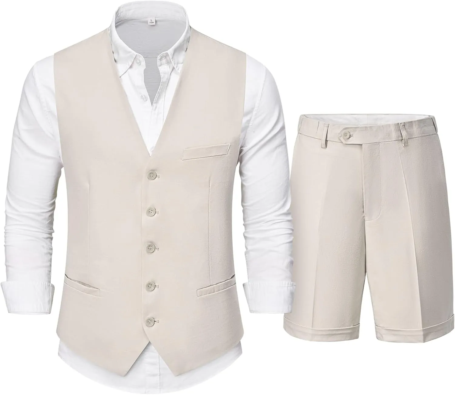 Hihawk Mens 2-Piece Linen Vest Pants, Lightweight Waistcoat Shorts, Casual Wedding Beach Summer Prom Homecoming Outfit