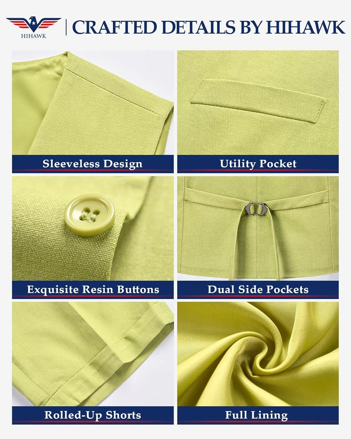 Hihawk Mens 2-Piece Linen Vest Pants, Lightweight Waistcoat Shorts, Casual Wedding Beach Summer Prom Homecoming Outfit