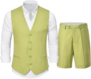 Hihawk Mens 2-Piece Linen Vest Pants, Lightweight Waistcoat Shorts, Casual Wedding Beach Summer Prom Homecoming Outfit