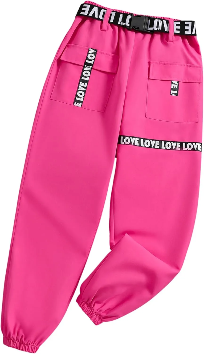 Hilinker Girls Cargo Pants Loose Hip Hop Dance Pants Elastic Waist Letters Jogger Pants