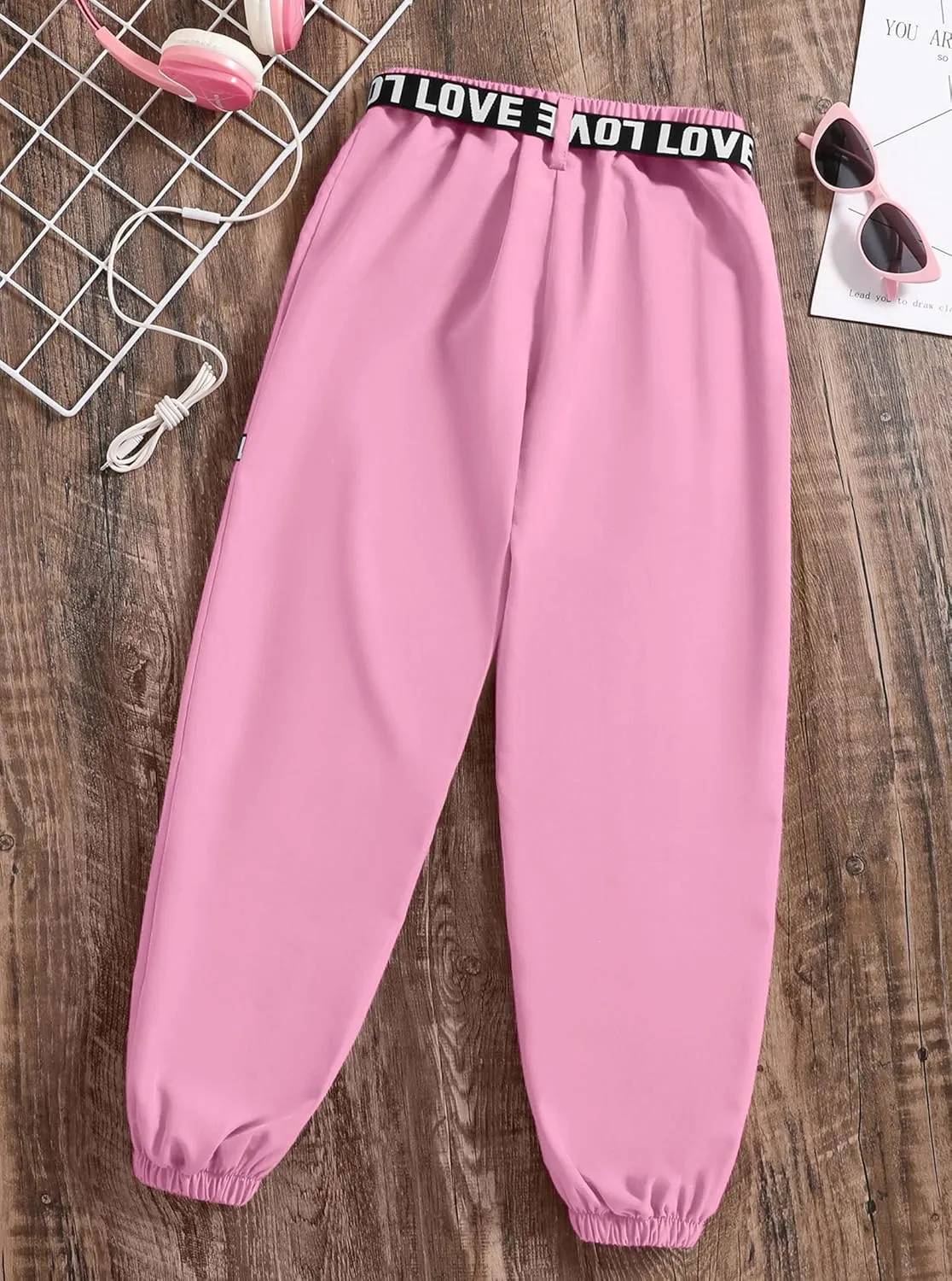 Hilinker Girls Cargo Pants Loose Hip Hop Dance Pants Elastic Waist Letters Jogger Pants