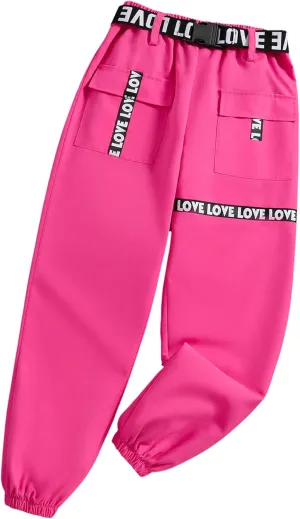 Hilinker Girls Cargo Pants Loose Hip Hop Dance Pants Elastic Waist Letters Jogger Pants