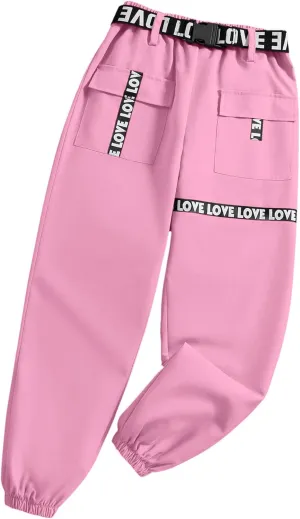 Hilinker Girls Cargo Pants Loose Hip Hop Dance Pants Elastic Waist Letters Jogger Pants