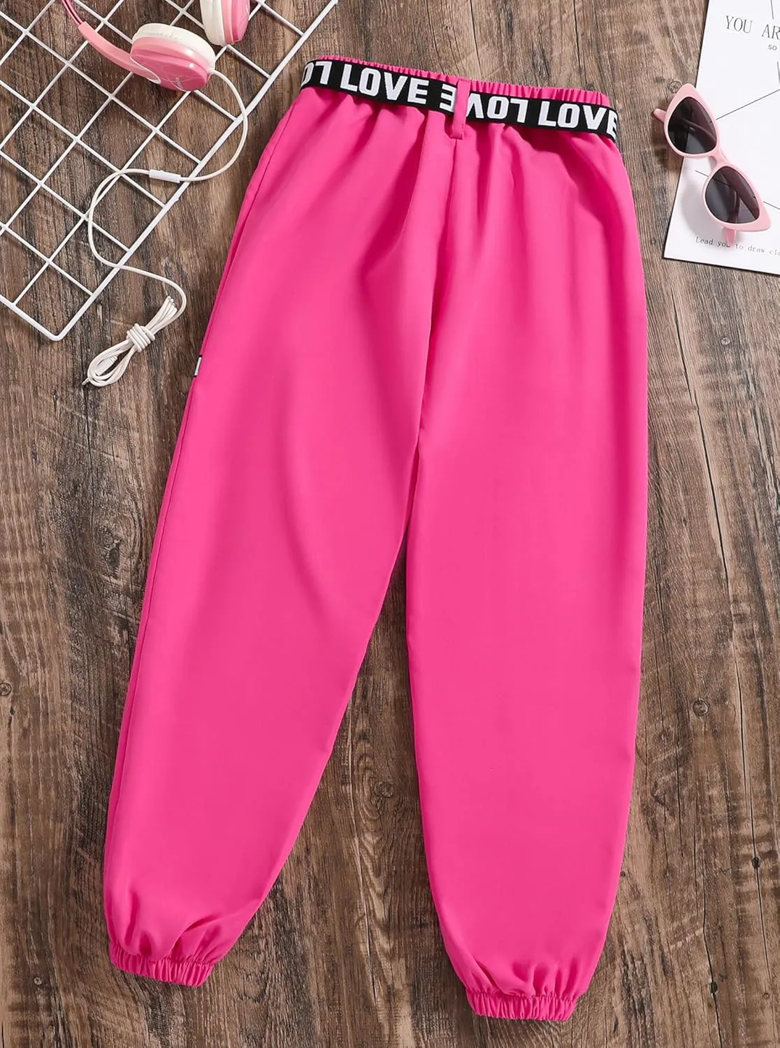 Hilinker Girls Cargo Pants Loose Hip Hop Dance Pants Elastic Waist Letters Jogger Pants