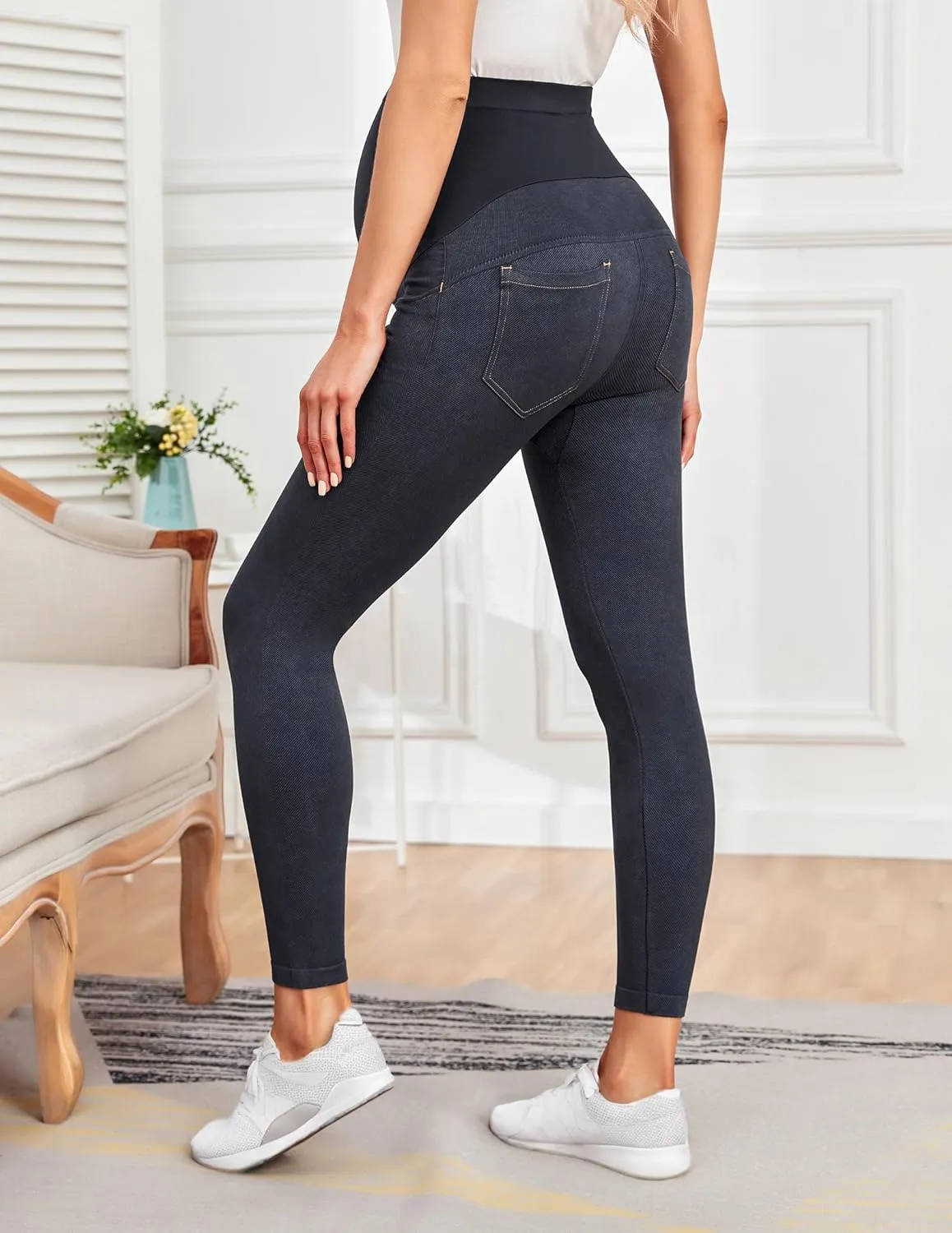 HOFISH Maternity Denim Leggings Over The Belly Seamless Faux Jeans Comfy Pregnancy Stretch Active Pants with Pockets
