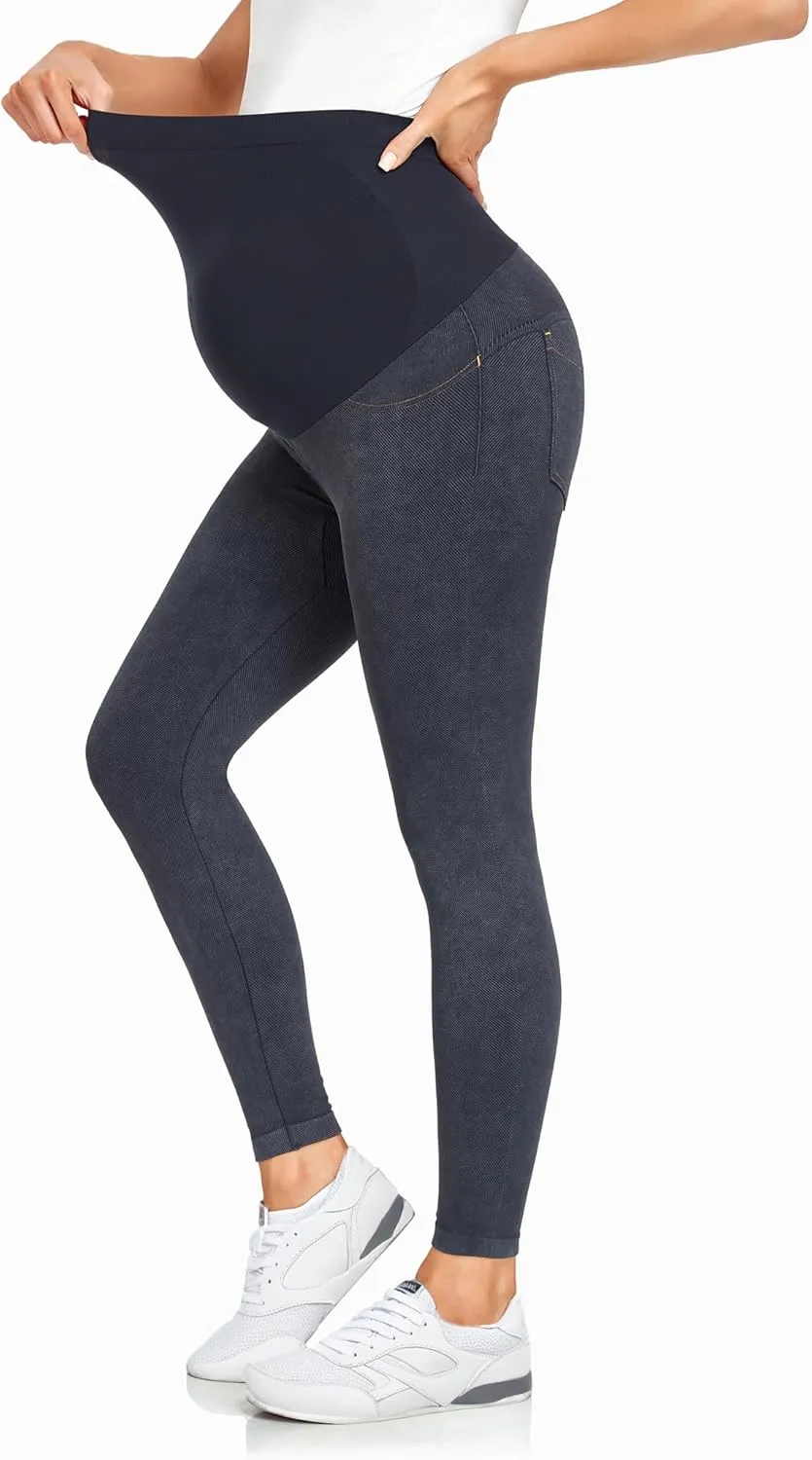 HOFISH Maternity Denim Leggings Over The Belly Seamless Faux Jeans Comfy Pregnancy Stretch Active Pants with Pockets