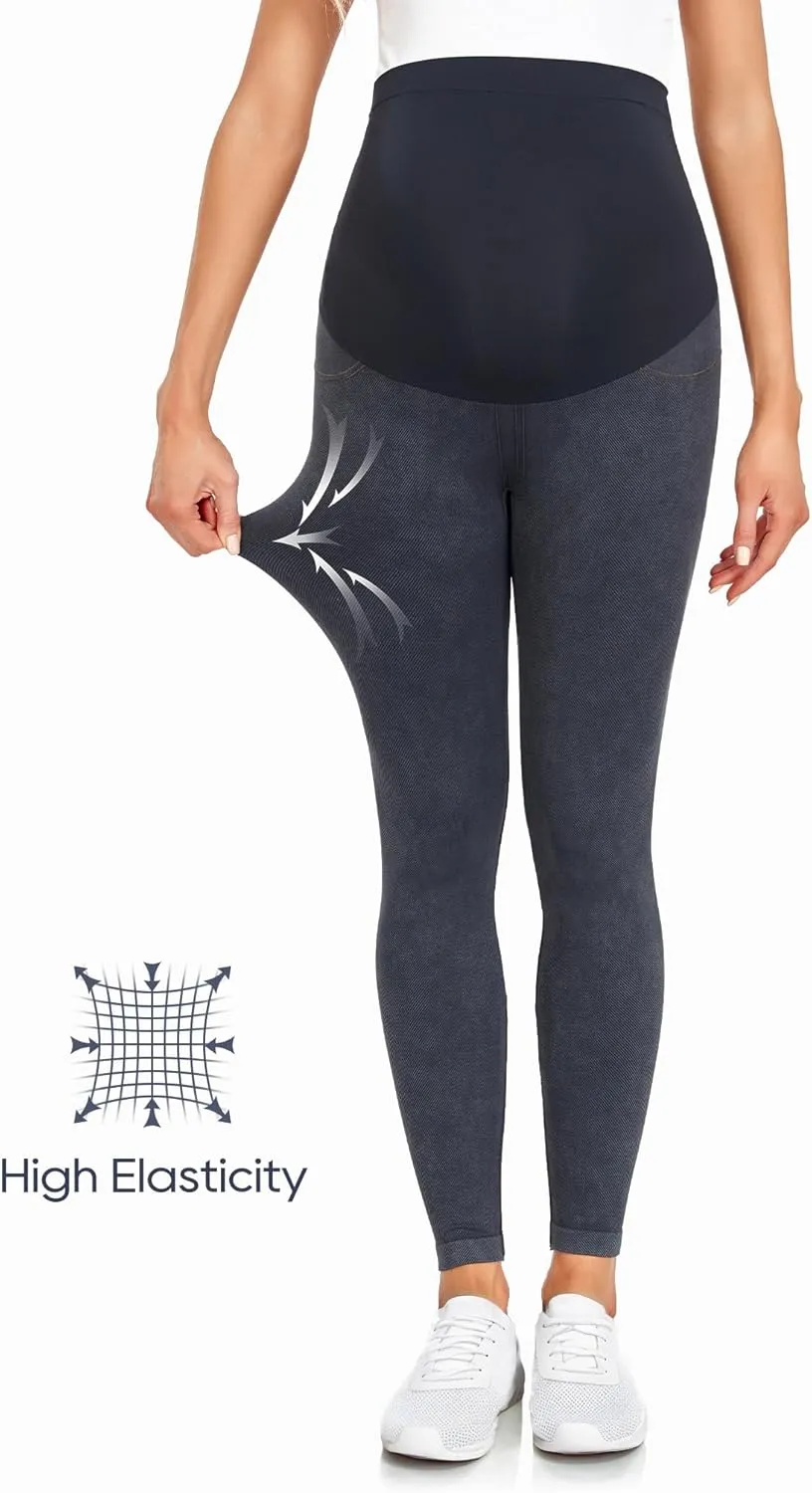 HOFISH Maternity Denim Leggings Over The Belly Seamless Faux Jeans Comfy Pregnancy Stretch Active Pants with Pockets